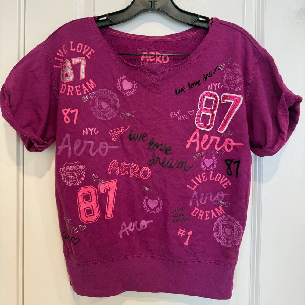 Aeropostale Purple Graphic Short Sleeve Tee with Pink Accents XS